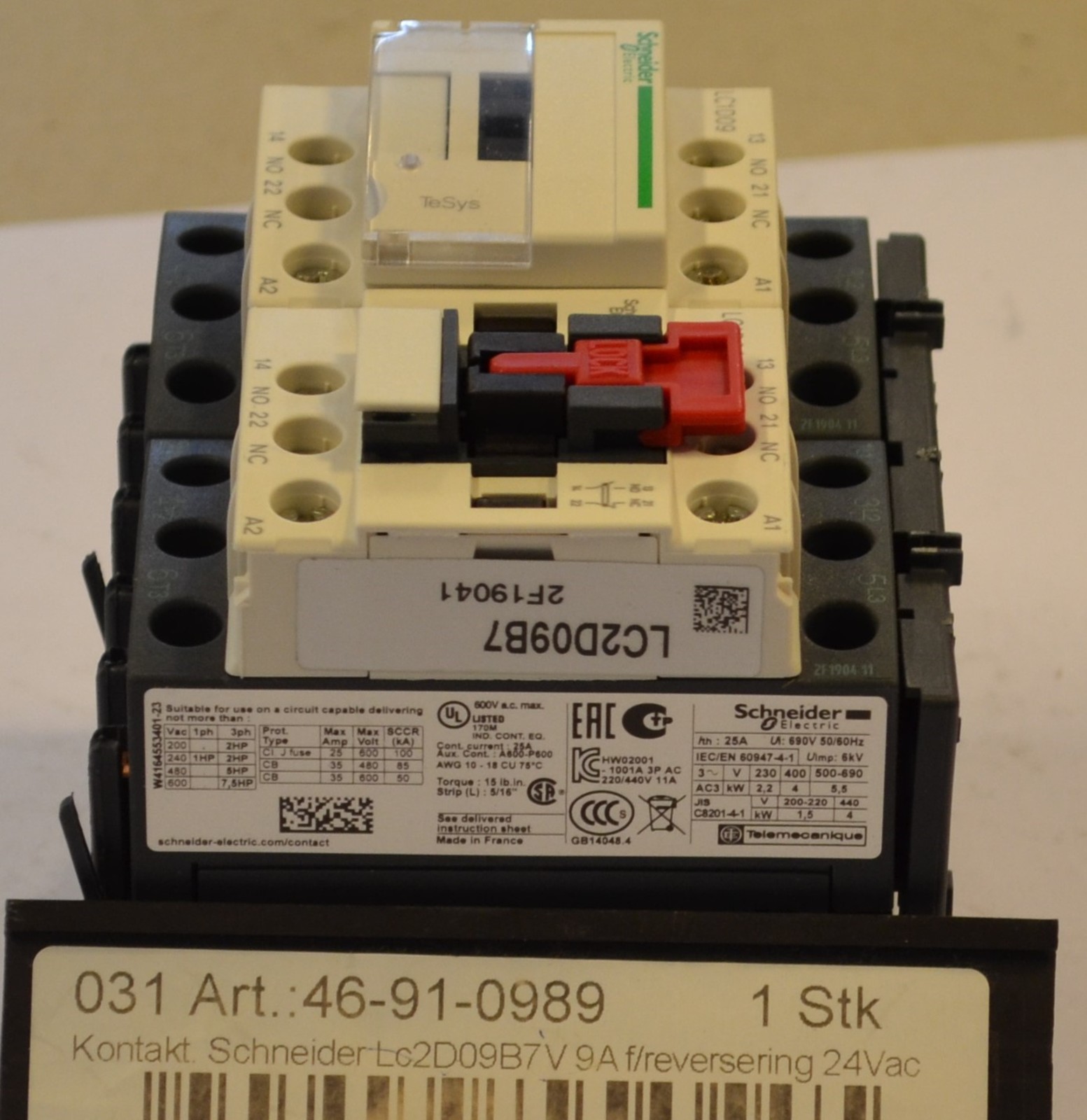 Contactor  Lc2D09B7V  9A f/reverse 24Vac